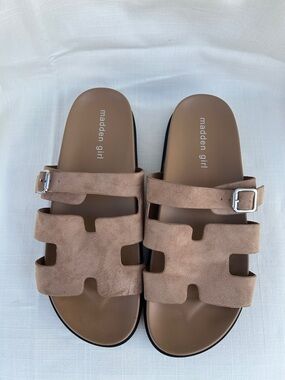 Madden Girl Beige Suede Double-Strap Buckle Slides